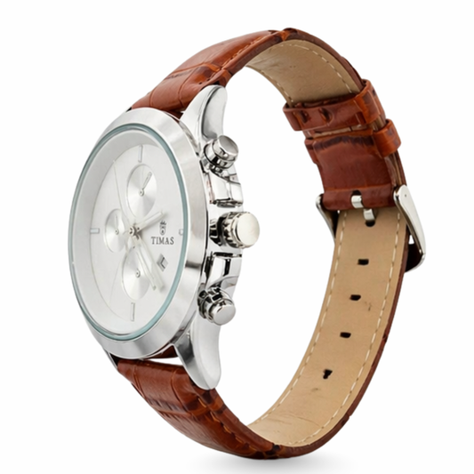 TIMAS Chronograph Men's Watch | Brown Leather Strap & Silver Dial